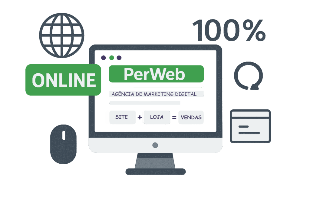 Ilustração de computador com a logo PerWeb, indicando agência de marketing digital, mostrando conceitos de site, loja e vendas, com ícone de globo, mouse.