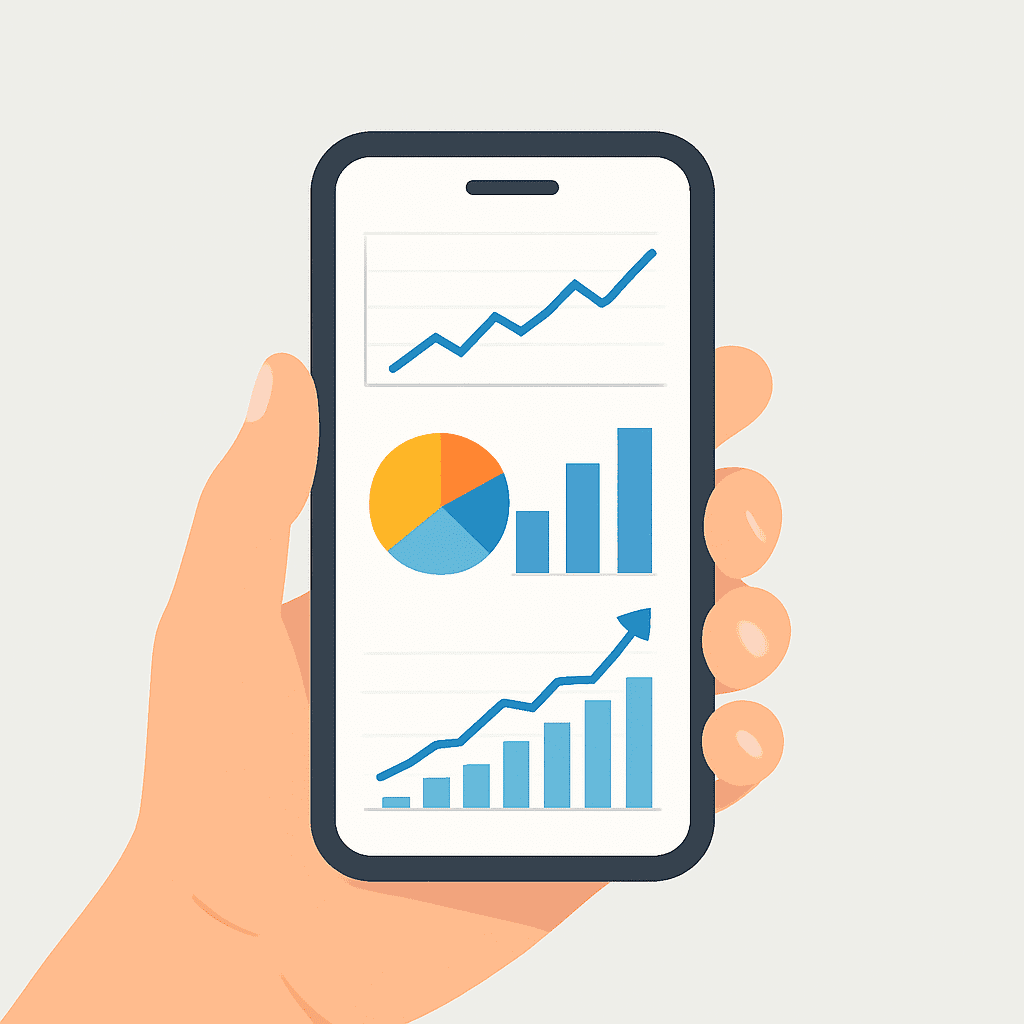 celular mostrando graficos representando aumento de vendas, representando ao contratar a nossa empresa de marketing digital